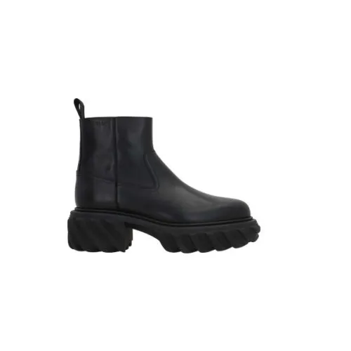 Off White , Black Leather Side Zip Boots ,Black male, Sizes: