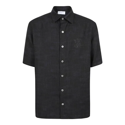 Off White , Black Linen Bowling Shirt 90s Logo ,Black male, Sizes: