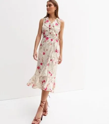 Off White Floral Chiffon Ruffle Belted Midi Wrap Dress New Look