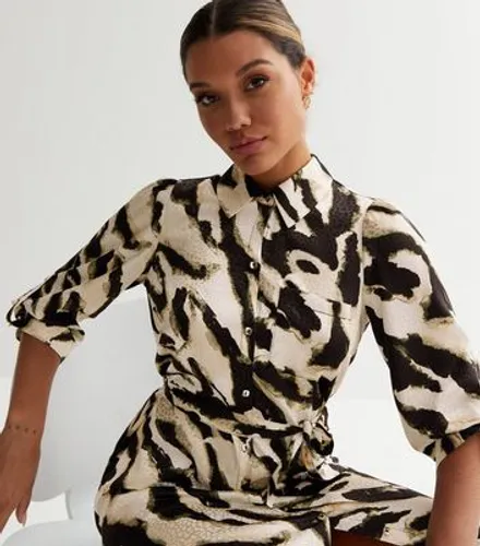 Off White Jacquard Animal Print Belted Midi Shirt Dress New Look