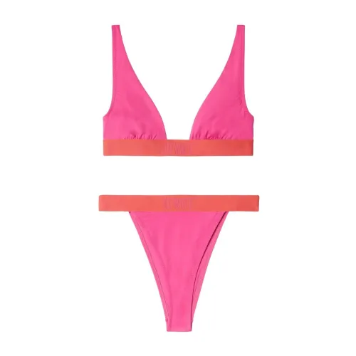 Off White , Lycra Triangle Bikini Set with Matching Pouch ,Red female, Sizes: