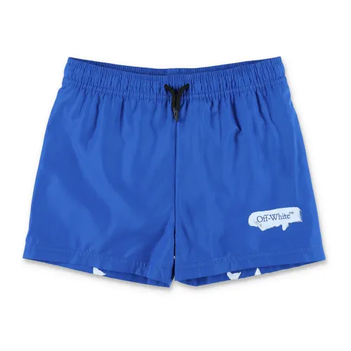 Off White , Paint Graphic Swim Shorts for Boys ,Blue male, Sizes:
