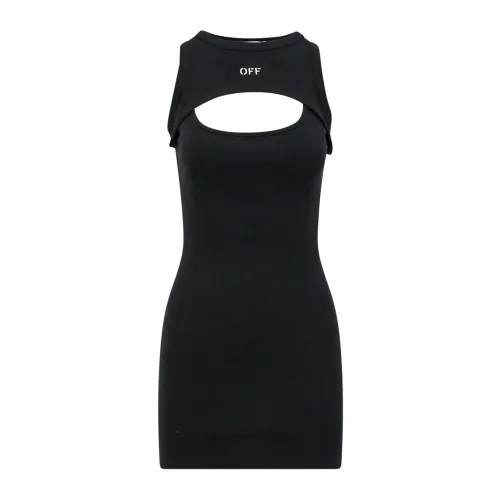 Off White , Ribbed Cotton Dress with Cut-Out Details ,Black female, Sizes: