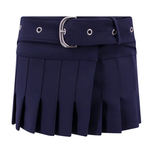 Off White , Stylish Blue Mini Skirt with Belt and Metal Buckle ,Blue female, Sizes: