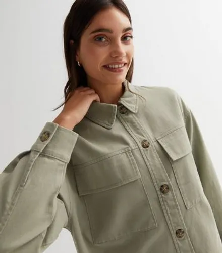 Olive Double Pocket Crop Shacket New Look