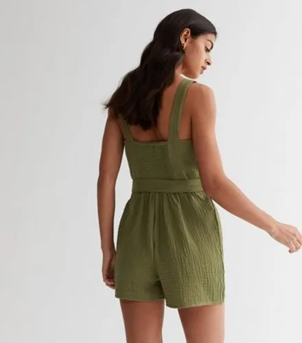 Olive Textured Belted Playsuit New Look