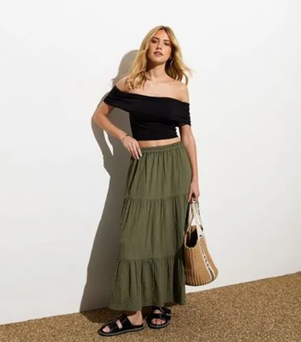 Olive Textured Tiered Midi Skirt New Look