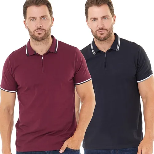 Onfire Mens Two Pack Zip Neck Pique Polo Shirts Dark Navy/Windsor Wine