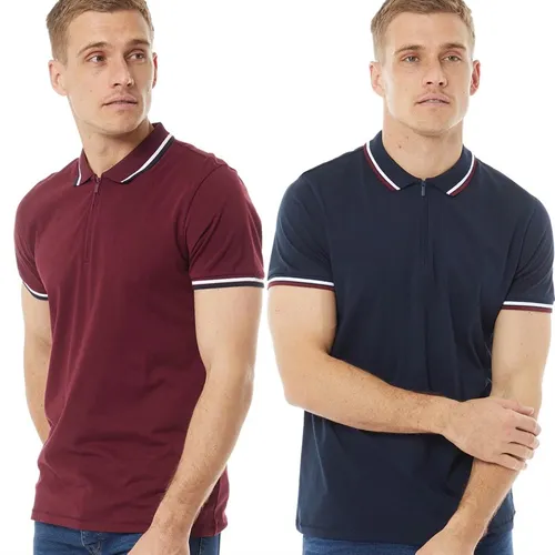 Onfire Mens Two Pack Zip Neck Polo Shirts Dark Navy/Wine