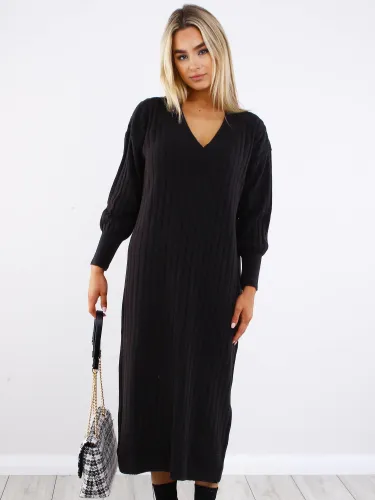 Only Black / Black Tessa L/S Midi Knit V Dress