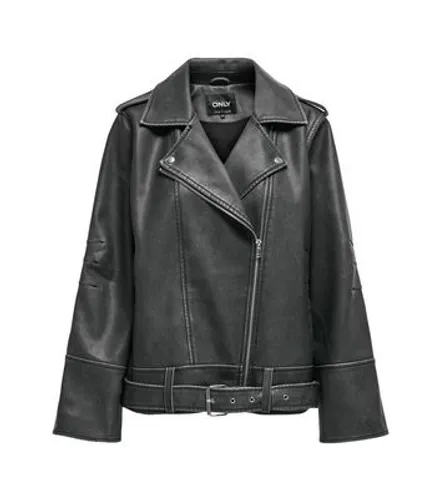 ONLY Black Leather-Look Belted Jacket New Look