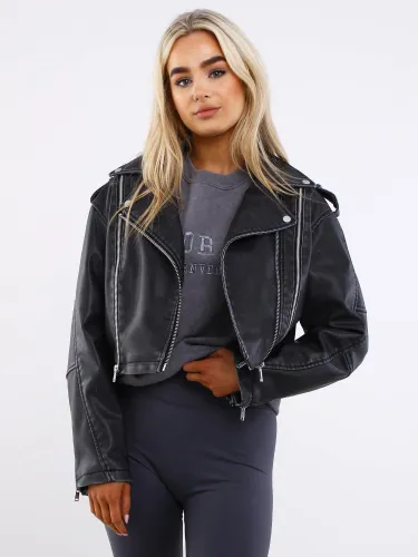 Only Black / Phantom Casey Faux Leather Washed Biker Jacket