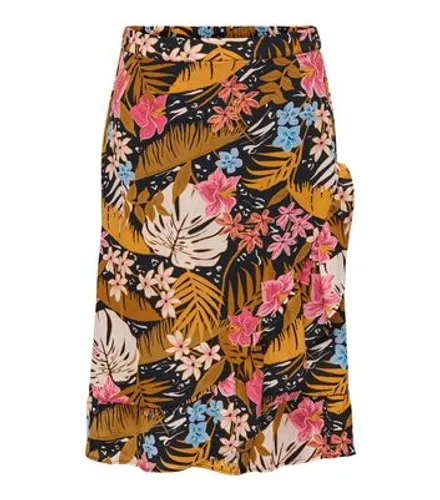 ONLY Curves Black Tropical Midi Wrap Skirt New Look