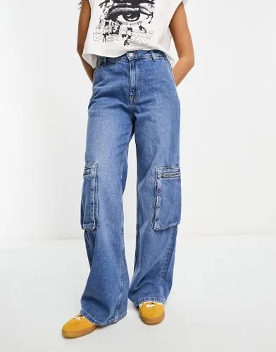 ONLY Hope wide leg cargo jeans in mid blue