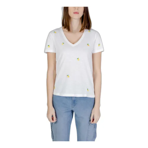 Only , Printed V-Neck Cotton T-Shirt ,White female, Sizes: