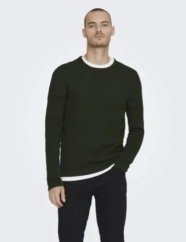 Only & Sons Mens Pure Cotton Textured Crew Neck Jumper - L - Green, Green,Grey Mix,Black,Blue,Green Mix