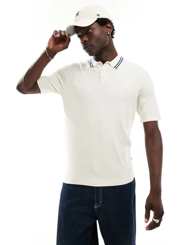 ONLY & SONS regular fit stripe collar knitted polo in cream-White