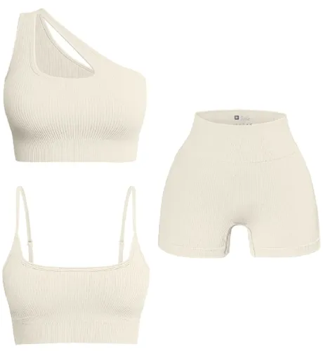 OQQ Women's 3 Piece Outfits Ribbed Seamless Exercise Scoop