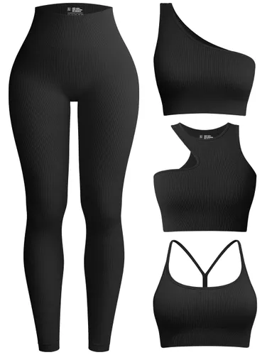 OQQ Womens 4 Piece Workout Outfits Ribbed Yoga High Waist