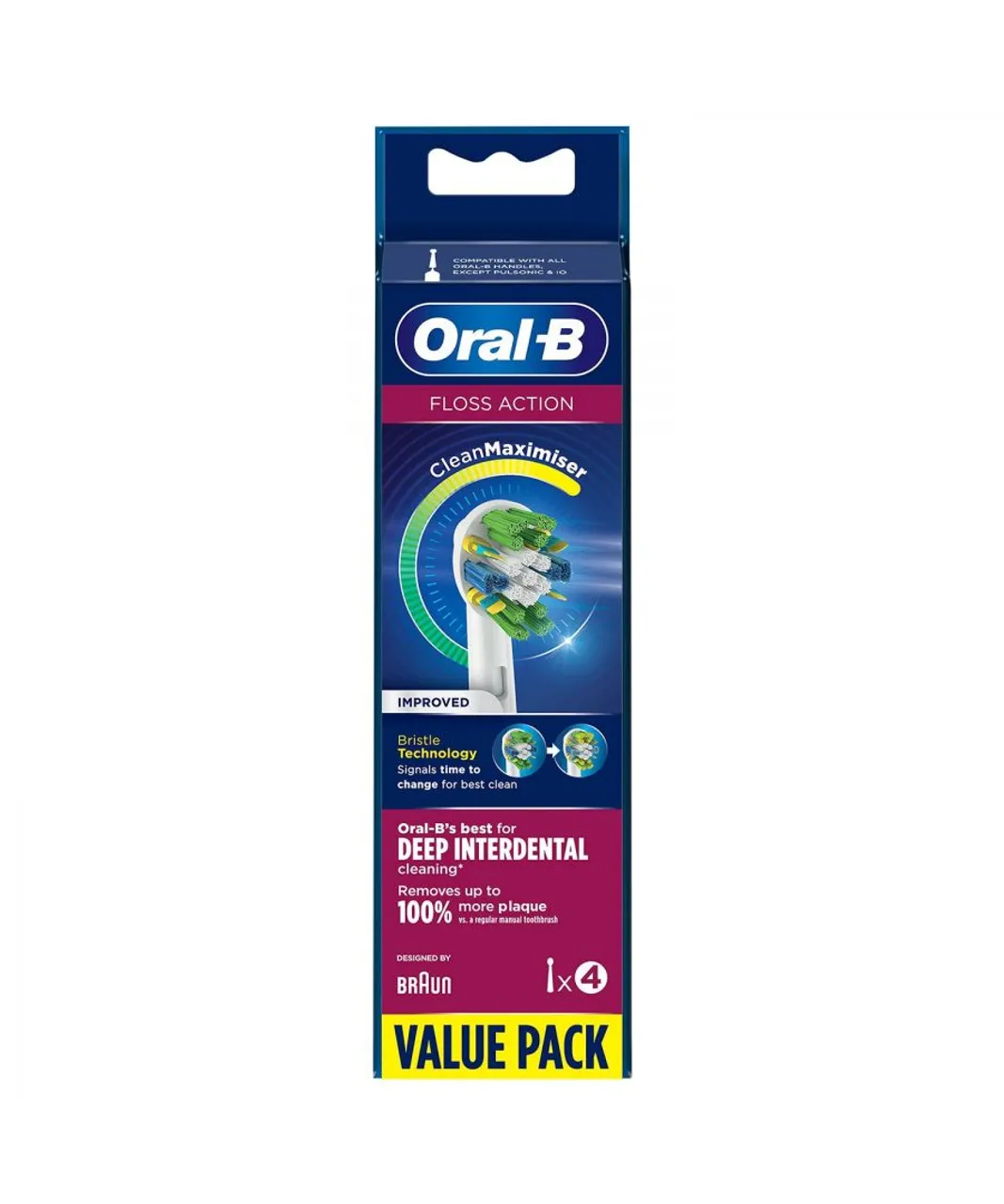 Oral B Unisex Oral-B Floss Action Replacement Toothbrush Head with Clean Maximiser, Pk of 4 - Green - One Size