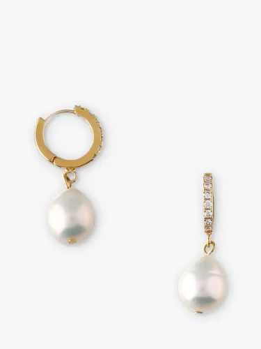Orelia Pearl Drop Pave Huggie Hoop Earrings - Pale Gold - Female