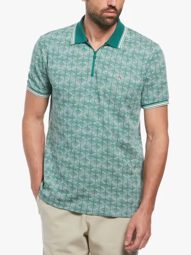 Original Penguin 1/4 Zip All-Over Geo Print Polo Shirt - Green - Male
