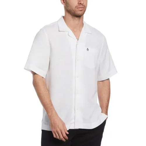 Original Penguin Mens Bright White Short Sleeve Camp Linen Ecovero Shirt