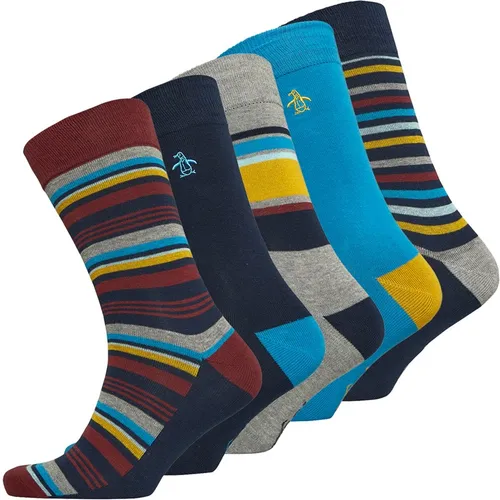 Original Penguin Mens Five Pack Socks Stripes/Navy/Aqua/Yellow/Red