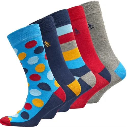 Original Penguin Mens Five Pack Spots Stripe Socks Navy/Grey/Red Multi