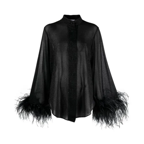 Oseree , Black Lamé Shirt with Feathered Cuffs ,Black female, Sizes: