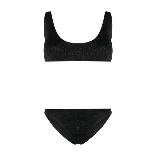 Oseree , Black Lurex Bikini with Wide Neckline and Elasticized Edges ,Black female, Sizes:
