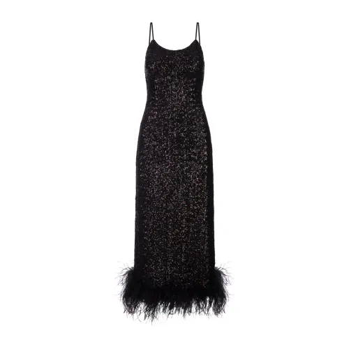 Oseree , Black Sequin Midi Dress with Ostrich Feathers ,Black female, Sizes: