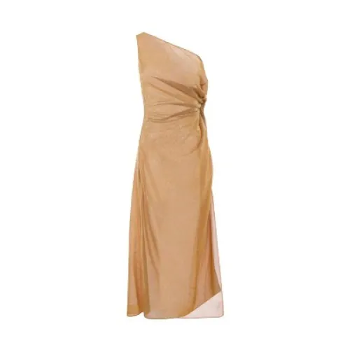 Oseree , One-shoulder Lurex Dress with Waist Tie and Deep Slit ,Beige female, Sizes: