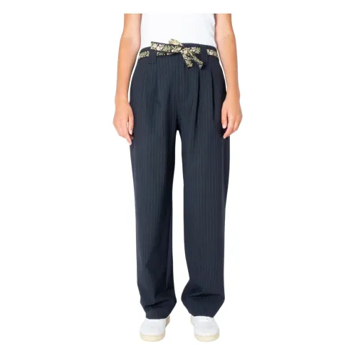 Ottod'Ame , Wool-blend Pinstripe Trousers with High Waist and Contrasting Belt ,Black female, Sizes: