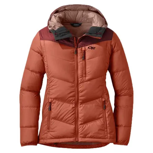 Outdoor Research Womens Transcendent Down Hoodie: Alpenglow/Madder: L