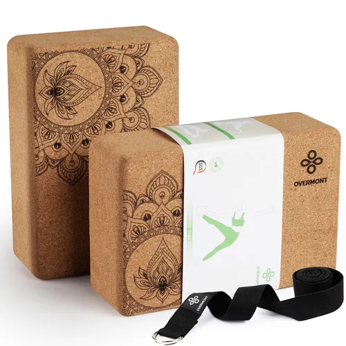 Overmont Cork Yoga Blocks 2 pack with 8ft Strap Set Natural