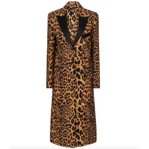 Paco Rabanne , Animal Print Long Wool Coat ,Brown female, Sizes: