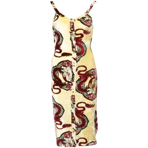 Paco Rabanne , Antique Patterned Beige Velvet Midi Dress ,Beige female, Sizes: