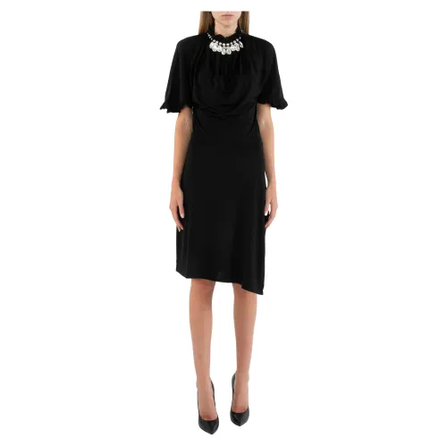 Paco Rabanne , Black Midi Dress with High Collar and Jewel Necklace ,Black female, Sizes: