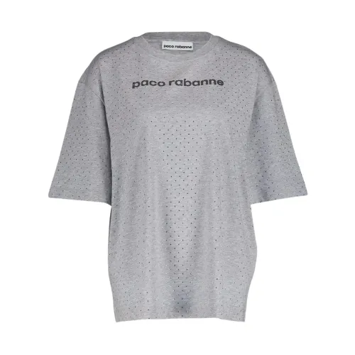 Paco Rabanne , Logo-Print Rhinestone T-Shirt ,Gray female, Sizes: