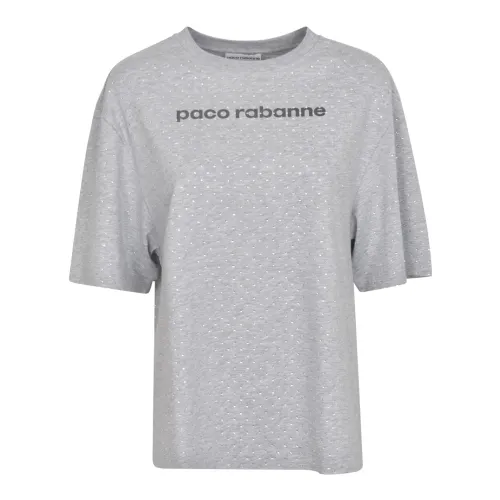 Paco Rabanne , Logo-Print Rhinestone T-Shirt - Grey ,Gray female, Sizes: