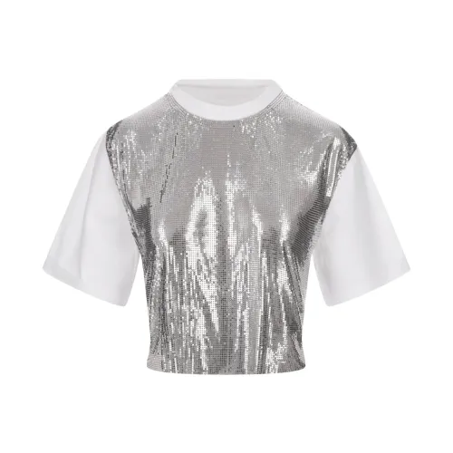 Paco Rabanne , Silver Mesh Front T-shirt with Appliqué ,Gray female, Sizes: