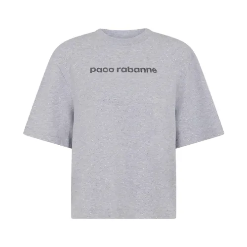 Paco Rabanne , Sparkling Rhinestone Logo Print T-Shirt ,Gray female, Sizes: