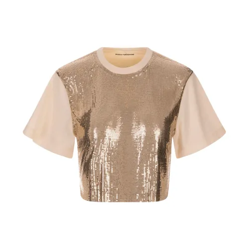 Paco Rabanne , Stylish Nude Jersey Crop Top with Light Gold Mesh ,Pink female, Sizes: