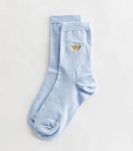 Pale Blue Embroidered Glitter Bee Socks New Look