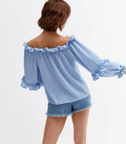 Pale Blue Frill Puff Sleeve Bardot Top New Look