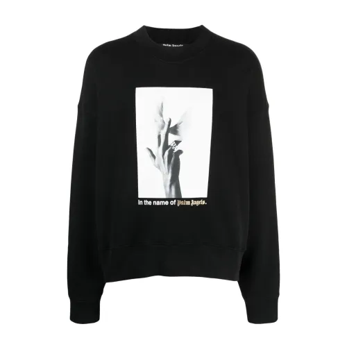 Palm Angels , Black Cotton Jersey Sweater with Wings Logo Print ,Black male, Sizes: