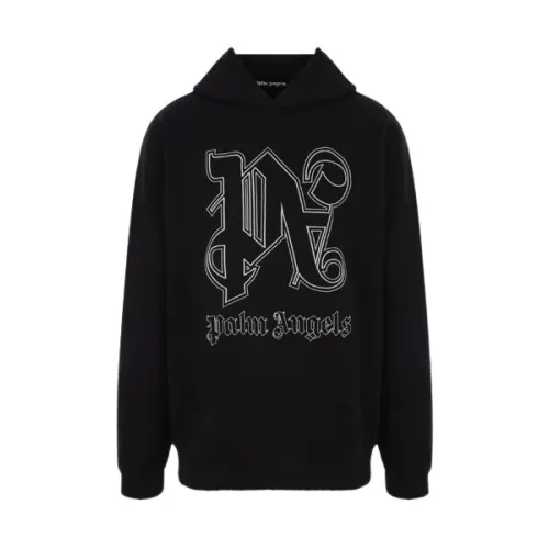 Palm Angels , Black Distressed Cotton Sweater with PA Monogram Logo ,Black male, Sizes: