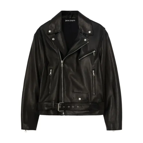 Palm Angels , Black Logo-Print Biker Leather Jacket ,Black male, Sizes: