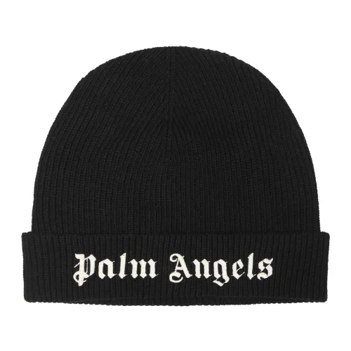 Palm Angels , Black Wool Blend Beanie with Iconic Logo ,Black unisex, Sizes: